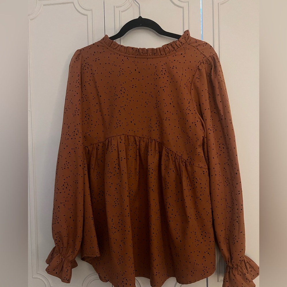 Brown Ruffled Long Sleeve Blouse
